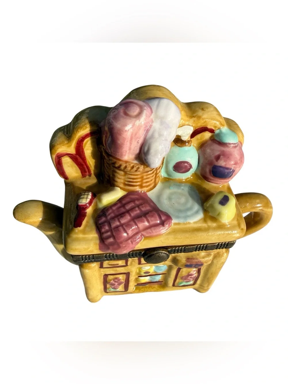 Vintage Laundry Room Teapot Trinket Box Ceramic Hinged Jewelry Box Whimsical 3”